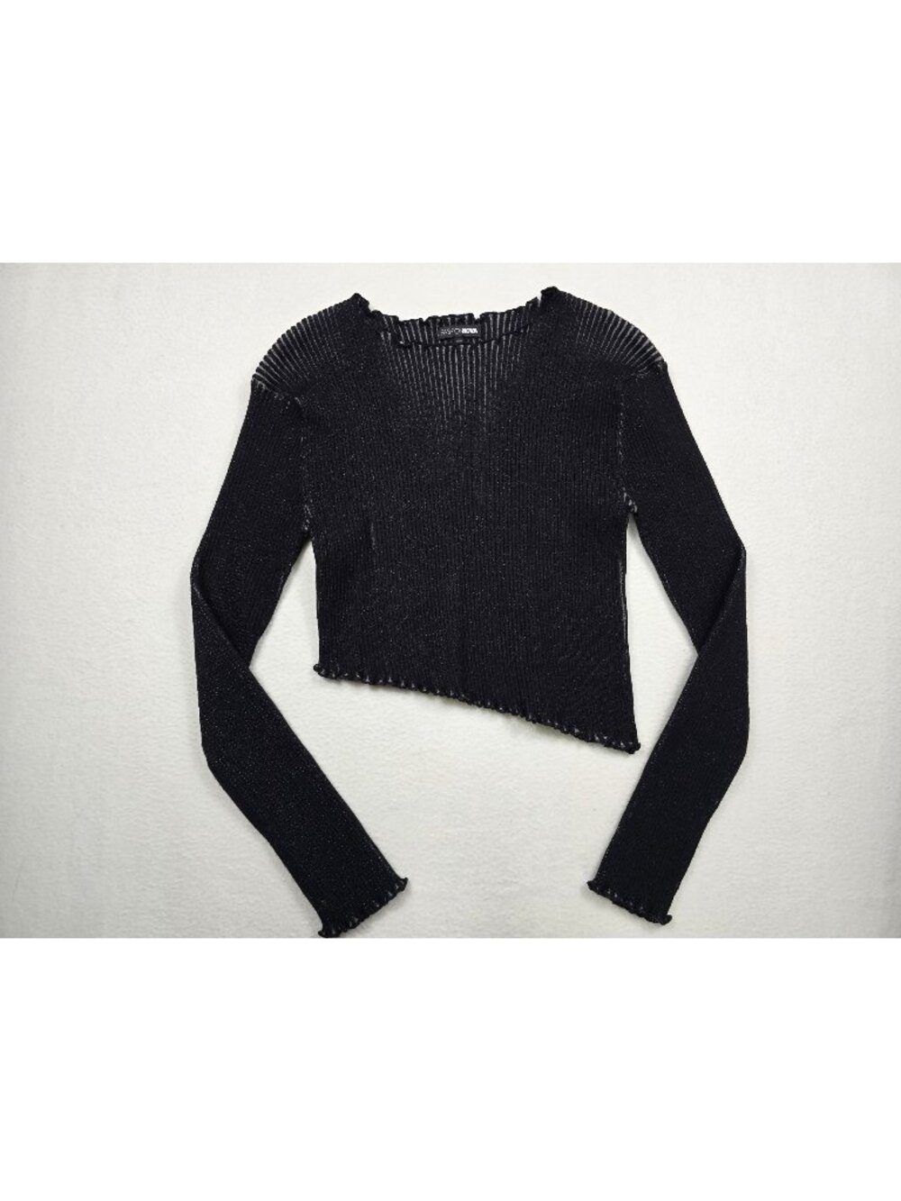 Fashion Nova Black Ribbed Asymmetrical Hem Long Sleeve Crop Top 1X Womens